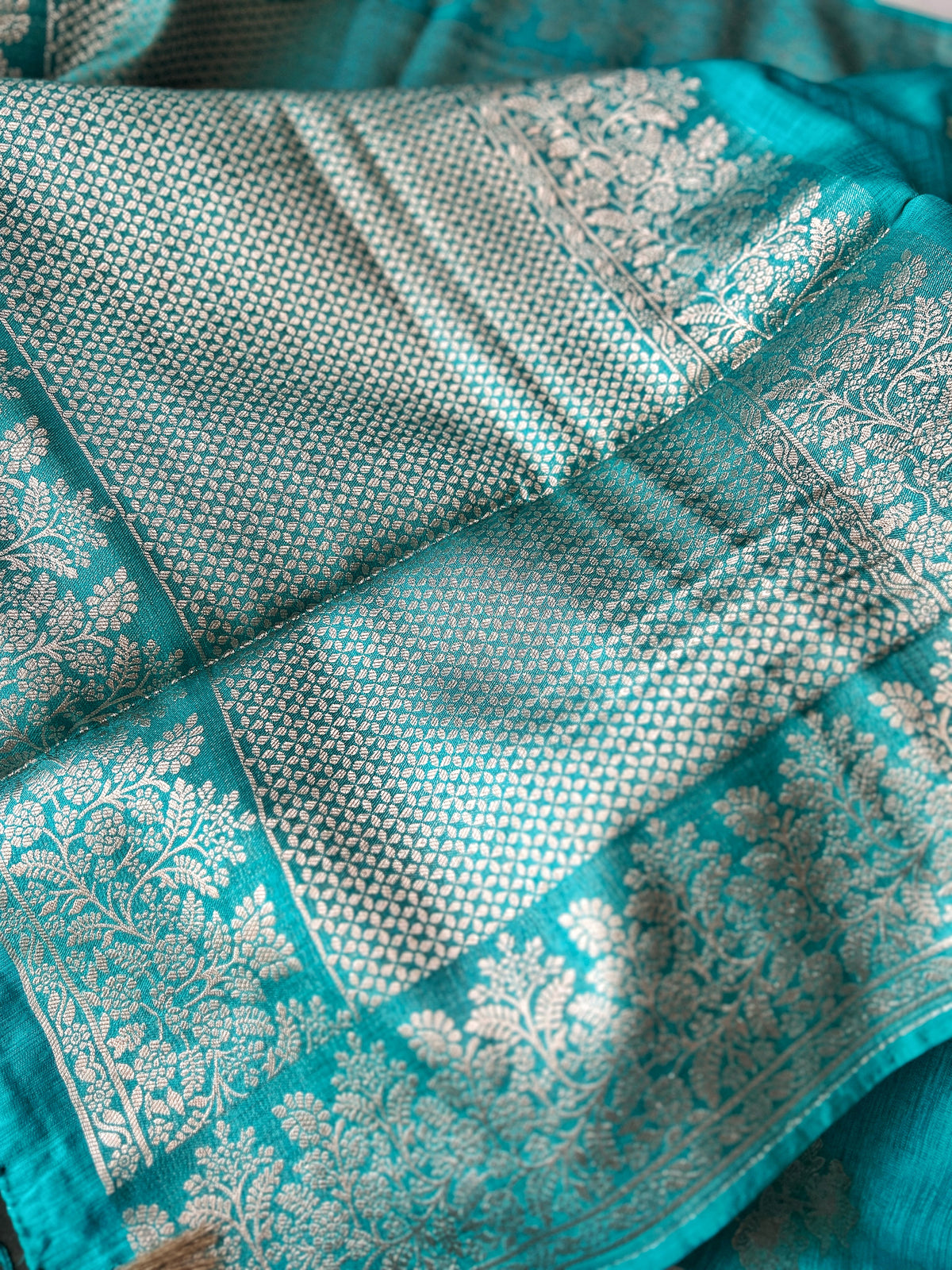 Flower Motif Cotton Silk - Turquoise