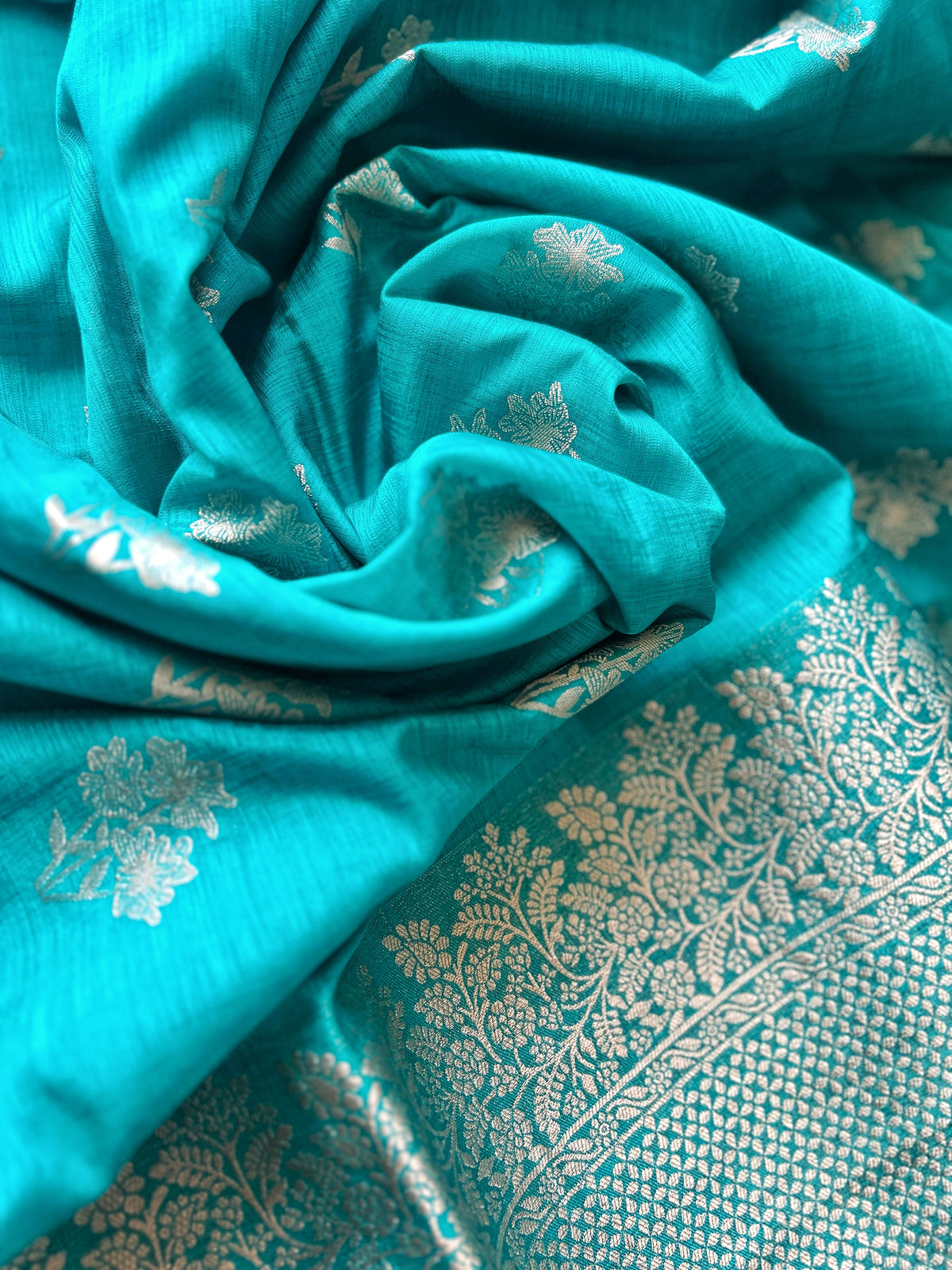 Flower Motif Cotton Silk - Turquoise