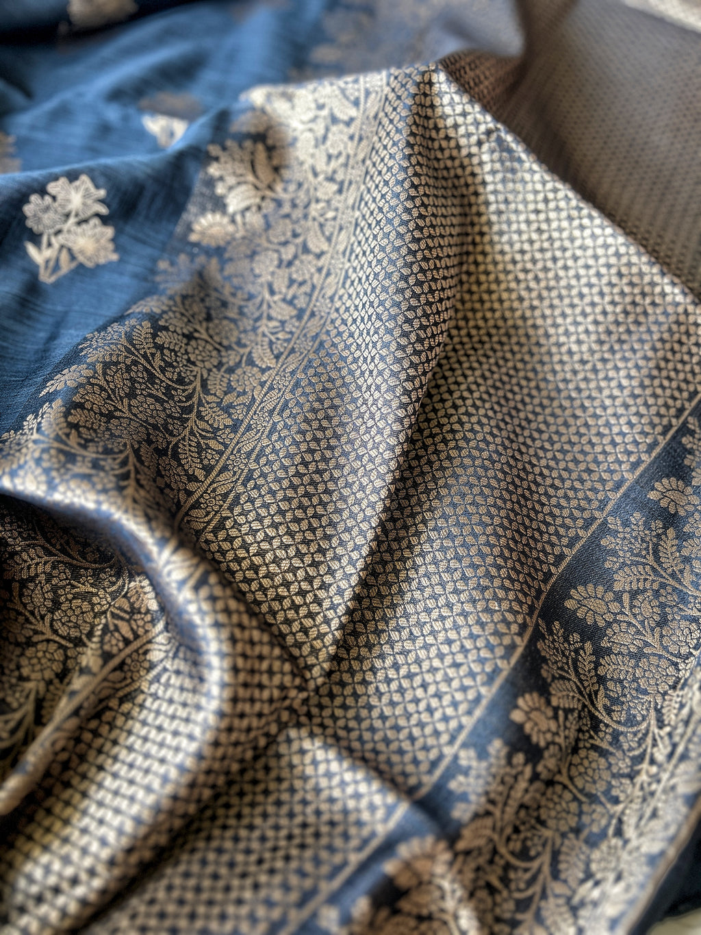 Flower Motif Cotton Silk - Navy Blue