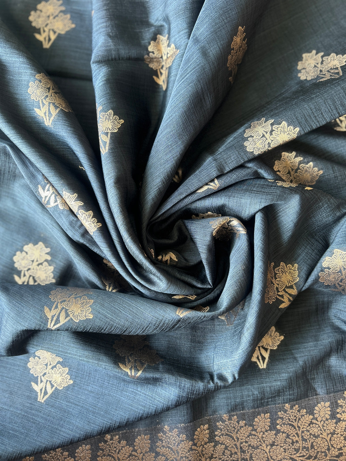 Flower Motif Cotton Silk - Navy Blue
