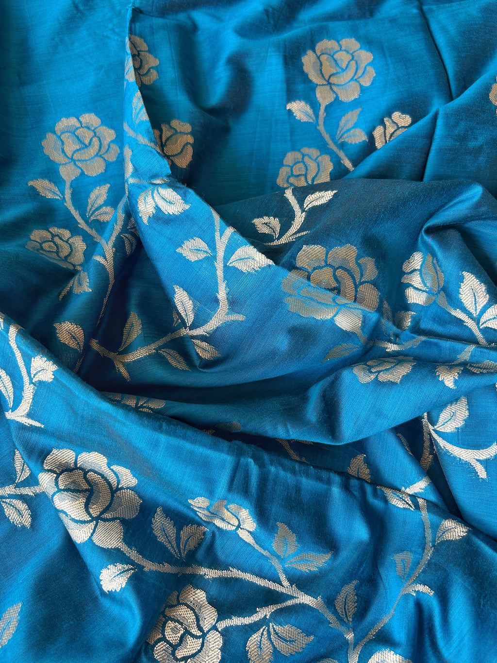 Rose Border Soft Silk Saree - Turquoise