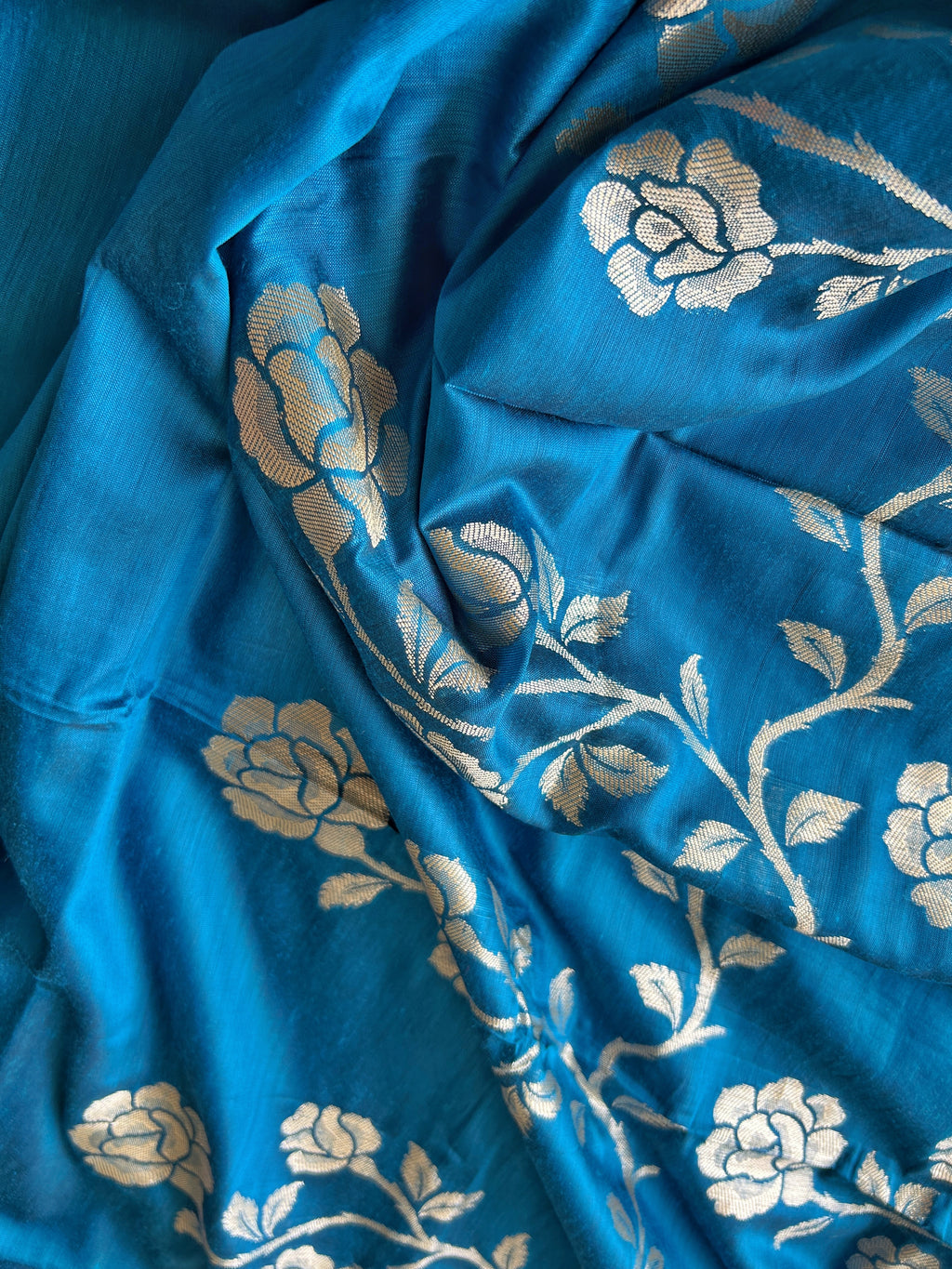 Rose Border Soft Silk Saree - Turquoise