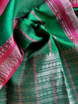 Mangalgiri Pattu Silk Saree with Rudraksh Border - Green & Red