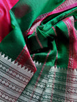 Mangalgiri Pattu Silk Saree with Rudraksh Border - Green & Red