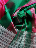 Mangalgiri Pattu Silk Saree with Rudraksh Border - Green & Red