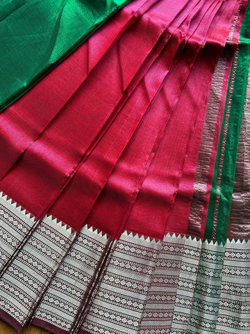 Mangalgiri Pattu Silk Saree with Rudraksh Border - Green & Red