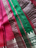 Mangalgiri Pattu Silk Saree with Rudraksh Border - Green & Red