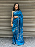 Rose Border Soft Silk Saree - Turquoise