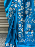 Rose Border Soft Silk Saree - Turquoise