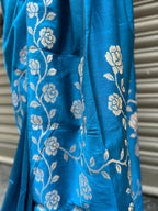 Rose Border Soft Silk Saree - Turquoise