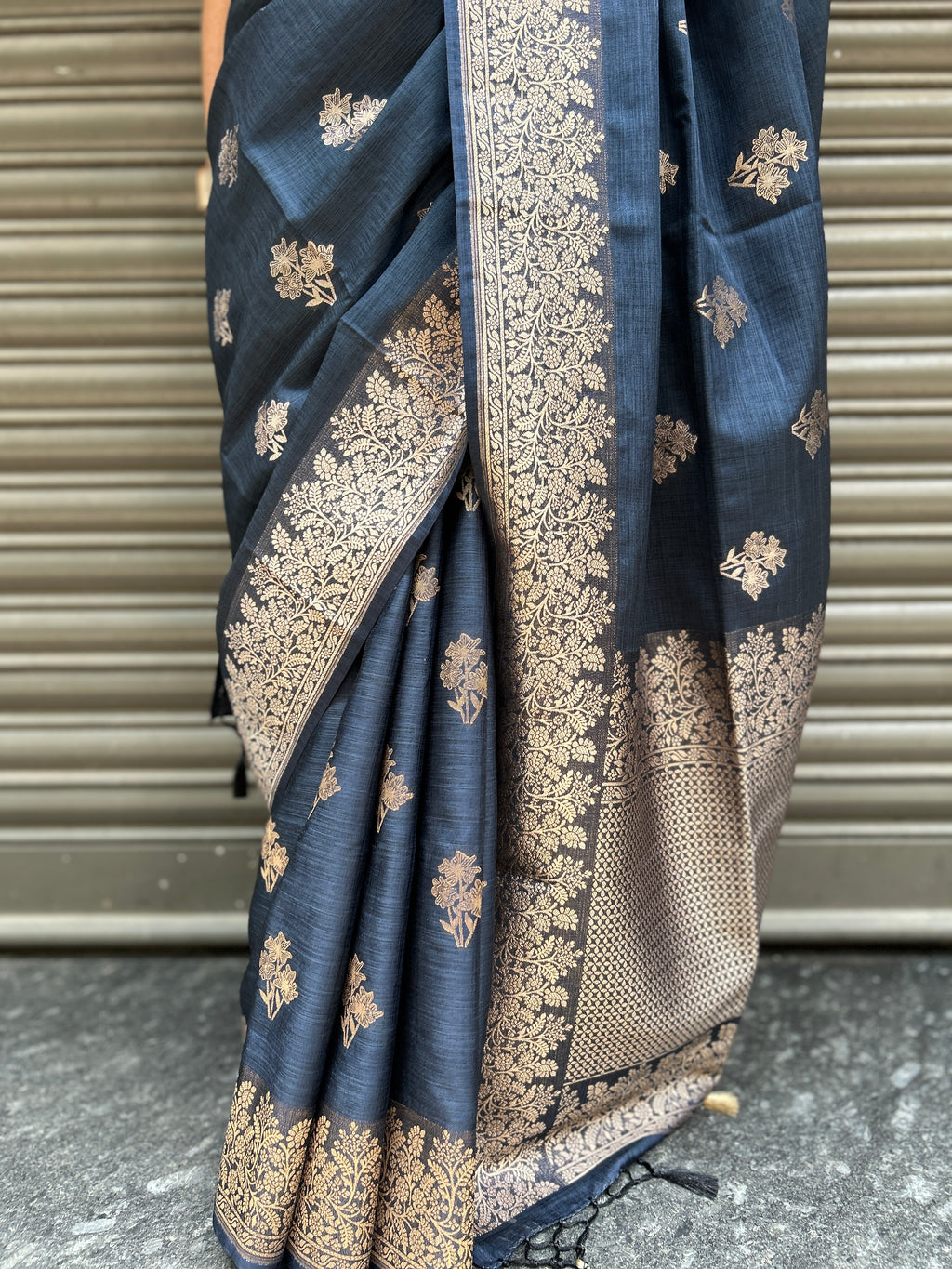 Flower Motif Cotton Silk - Navy Blue