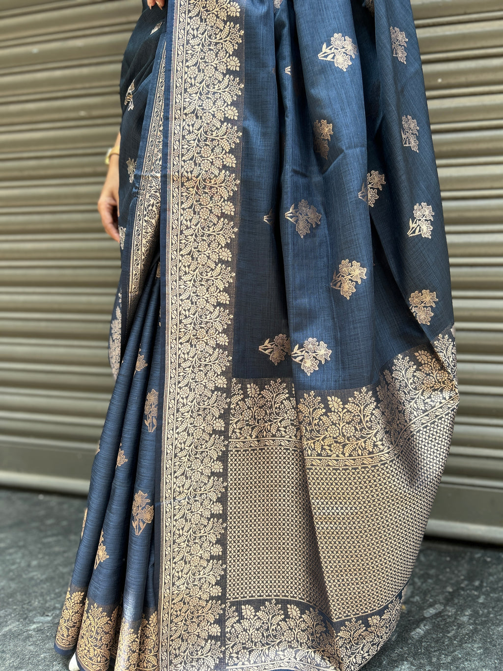 Flower Motif Cotton Silk - Navy Blue