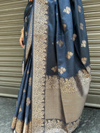 Flower Motif Cotton Silk - Navy Blue