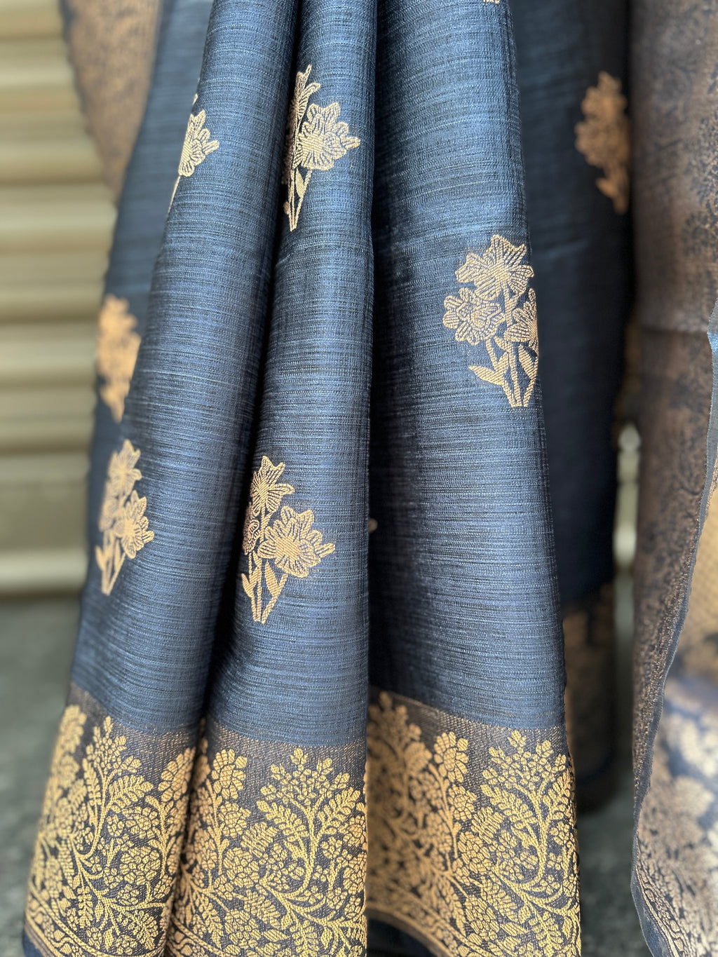 Flower Motif Cotton Silk - Navy Blue