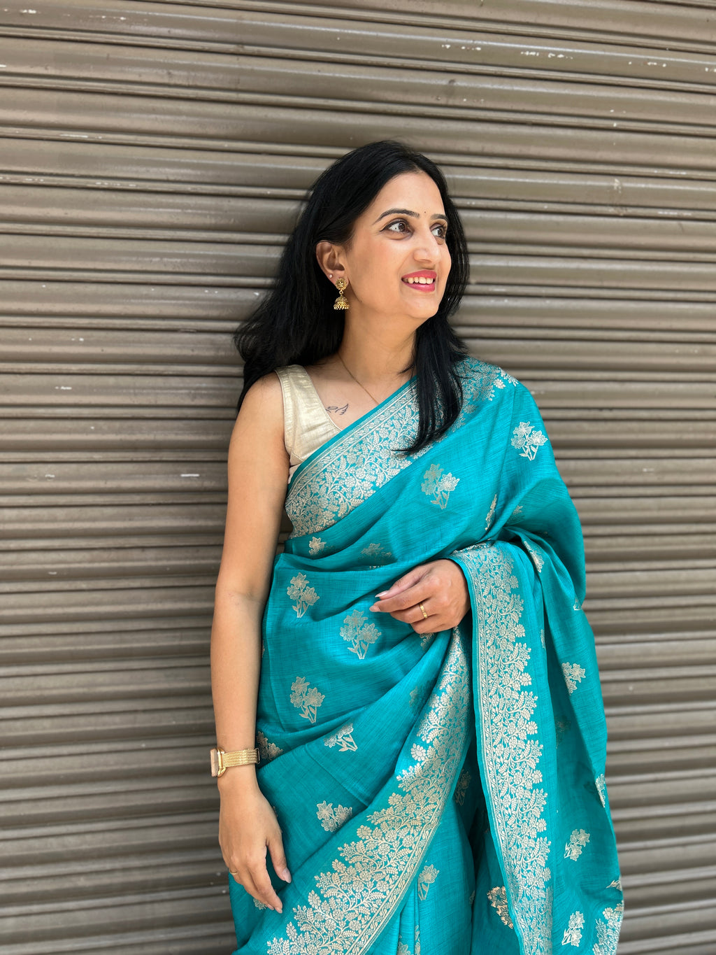 Flower Motif Cotton Silk - Turquoise