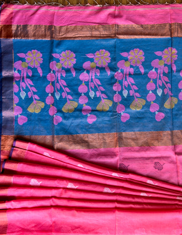 Tissue Linen Saree - Pink & Blue