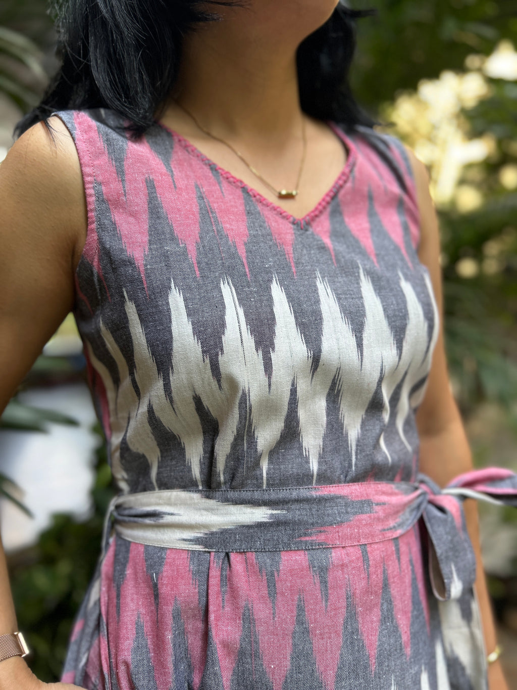 Ikat with Belt and Front Pockets - Pink & Grey