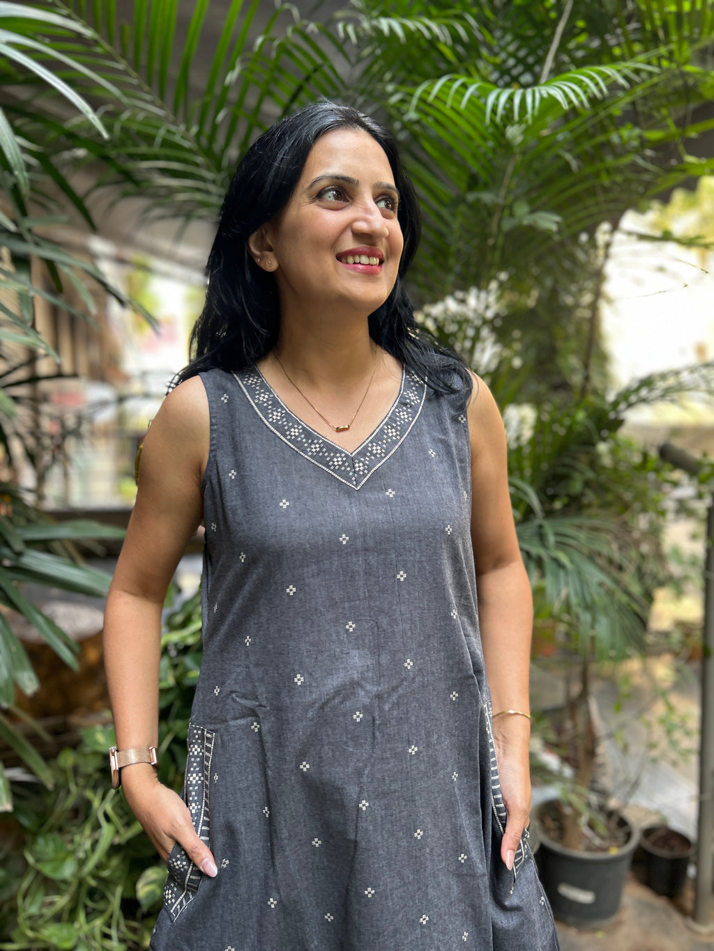 Statement Cotton A-Line Dress -Grey