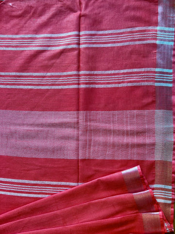 Plain Cotton Linen Saree - Red