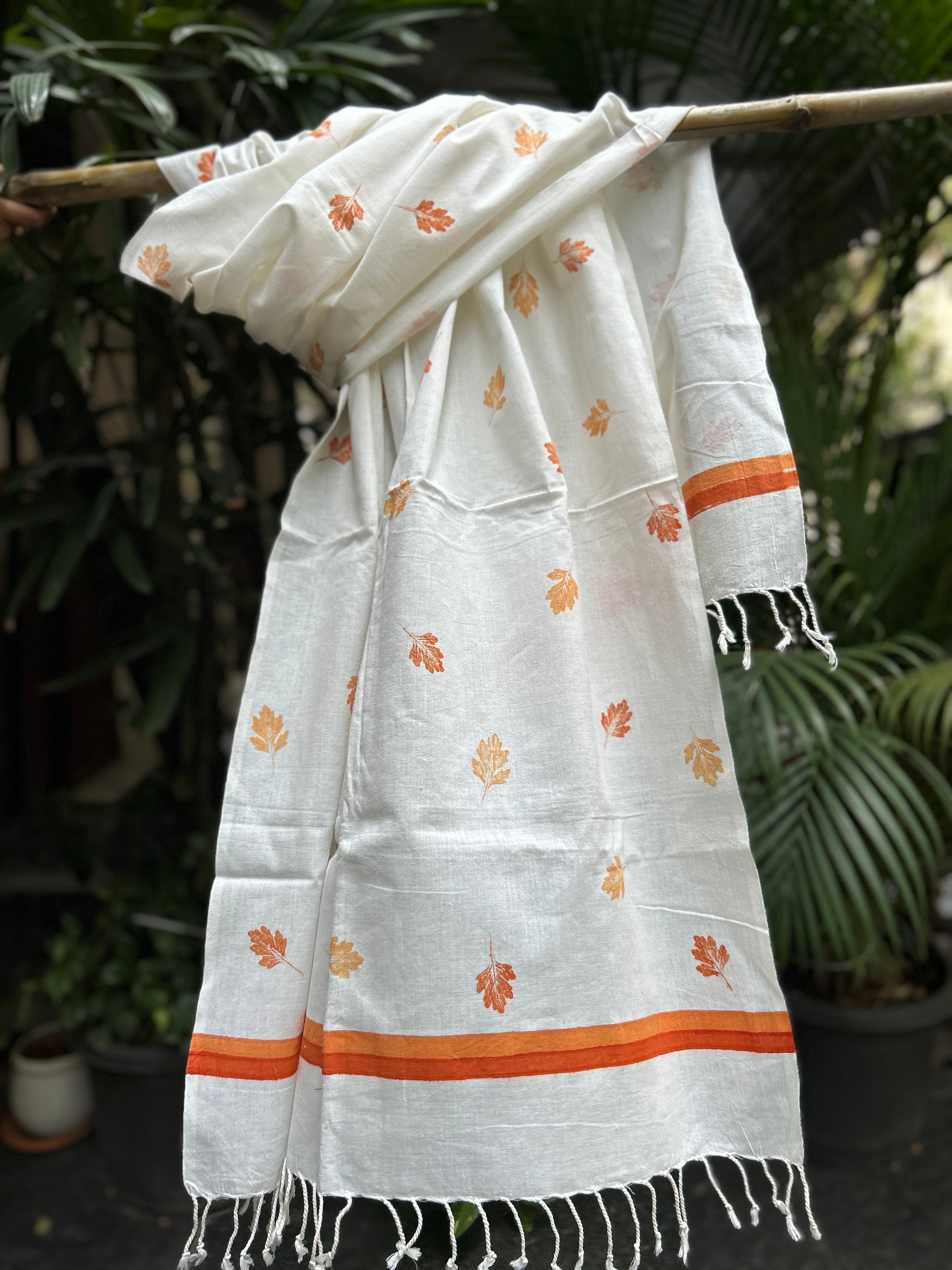 RUI - Organic Cotton Stole - Leaf Print - Orange