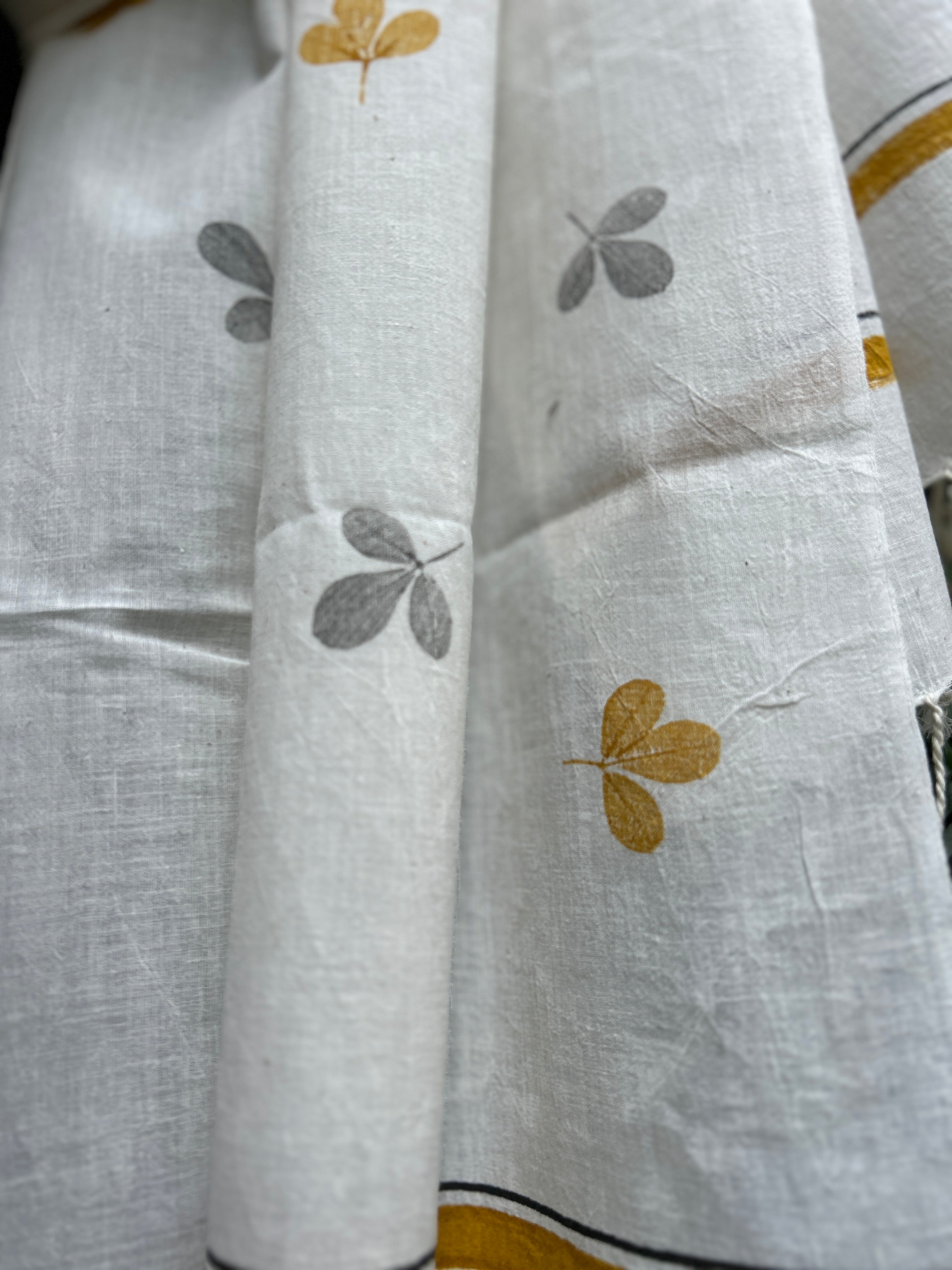 RUI - Organic Cotton Stole - Leaf Print -  Mustard Yellow