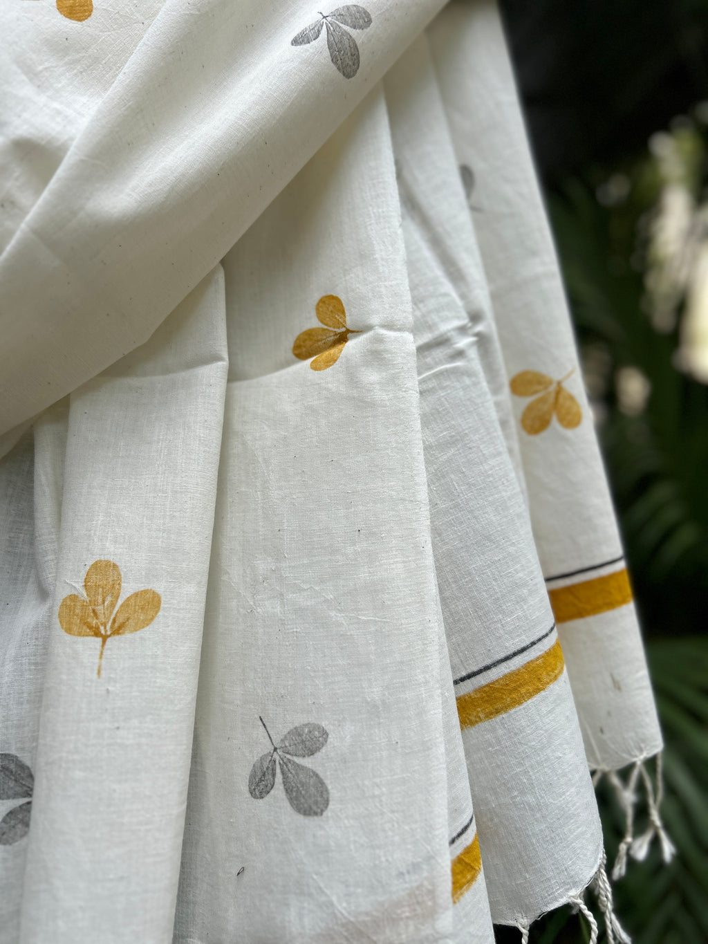 RUI - Organic Cotton Stole - Leaf Print -  Mustard Yellow