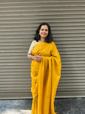 Mangalgiri Plain Cotton Silk Saree - Mustard Yellow