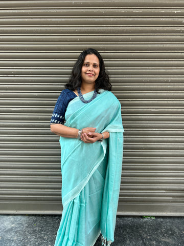 Mangalgiri Plain Cotton Silk Saree - Aqua Green