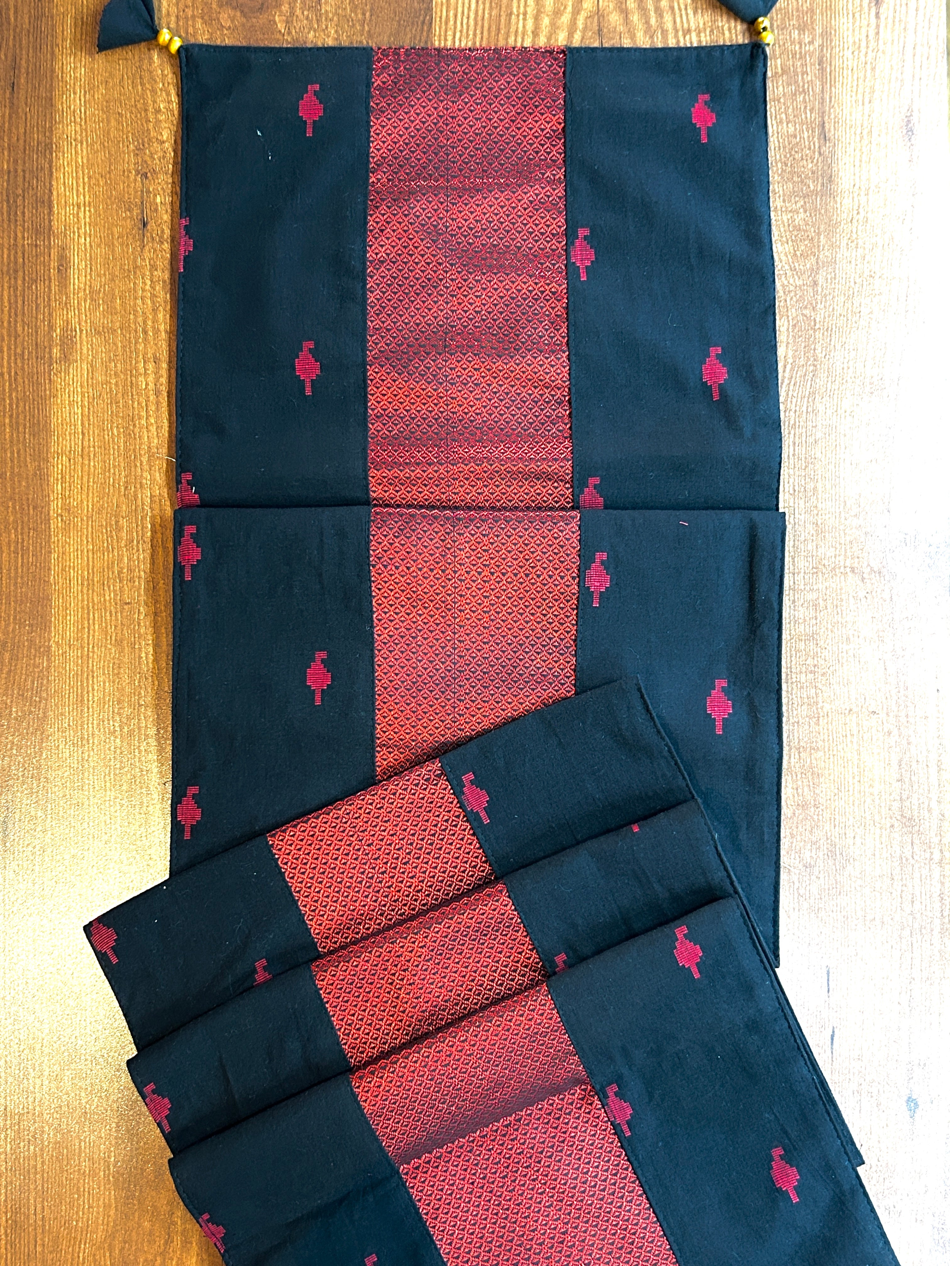 Falling Table Runner - Black + Maroon Khun