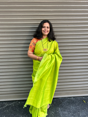 Mangalgiri Plain Cotton Silk Saree - Lime Green