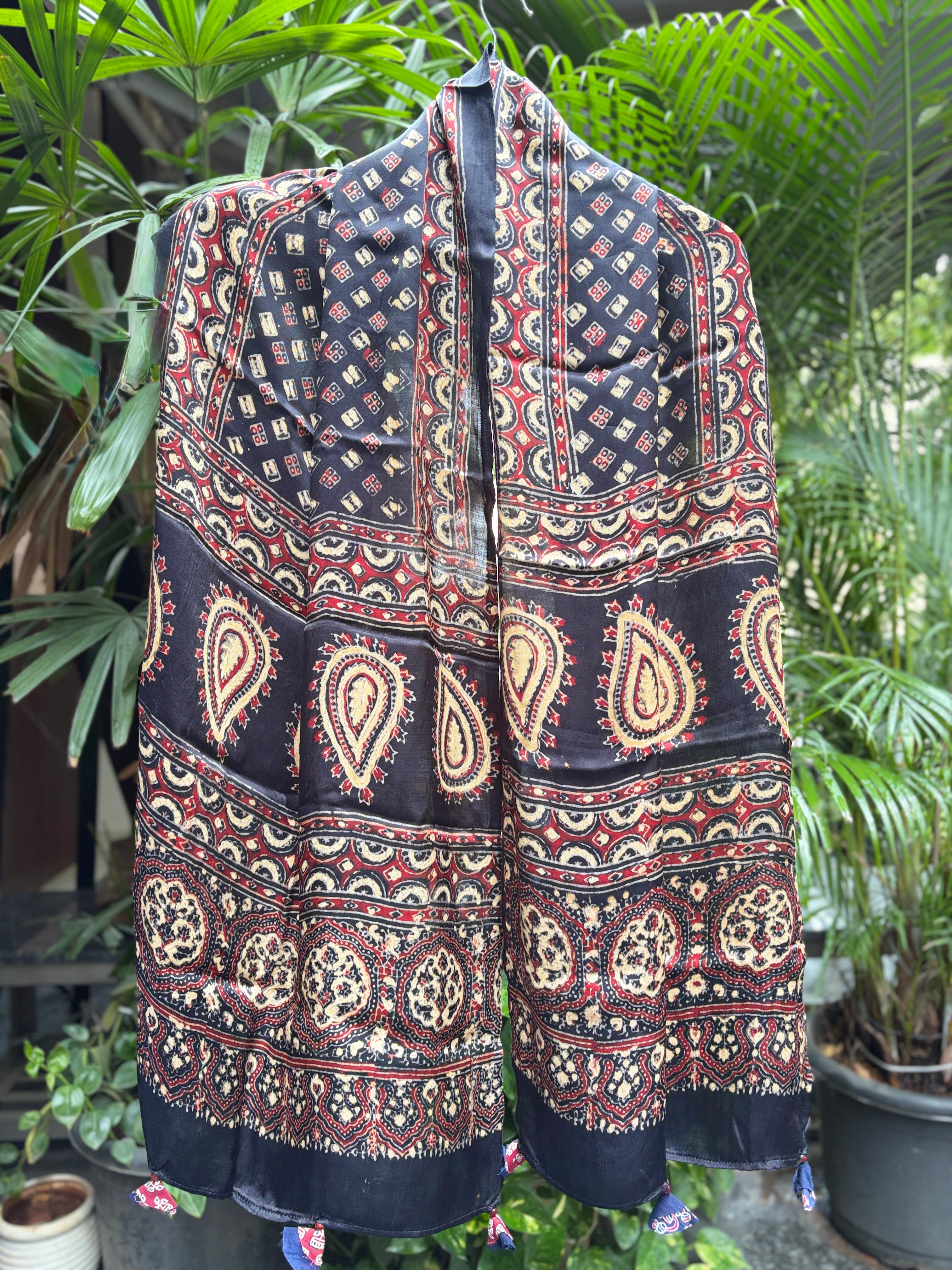 Modal Silk Ajrakh Stole - Black