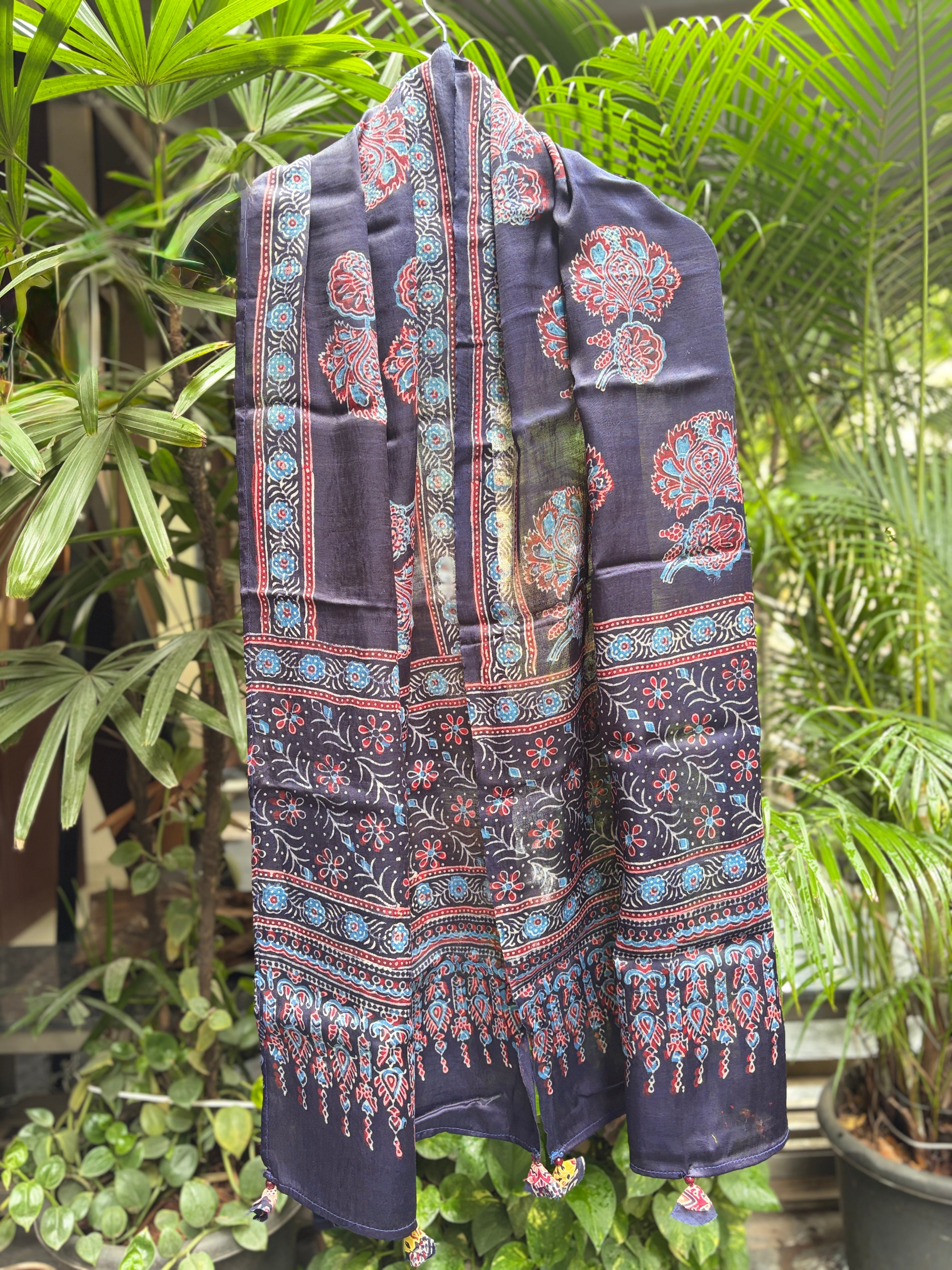 Modal Silk Ajrakh Stole - Navy Blue
