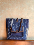 Leather Tote Bag - Blue Ikat