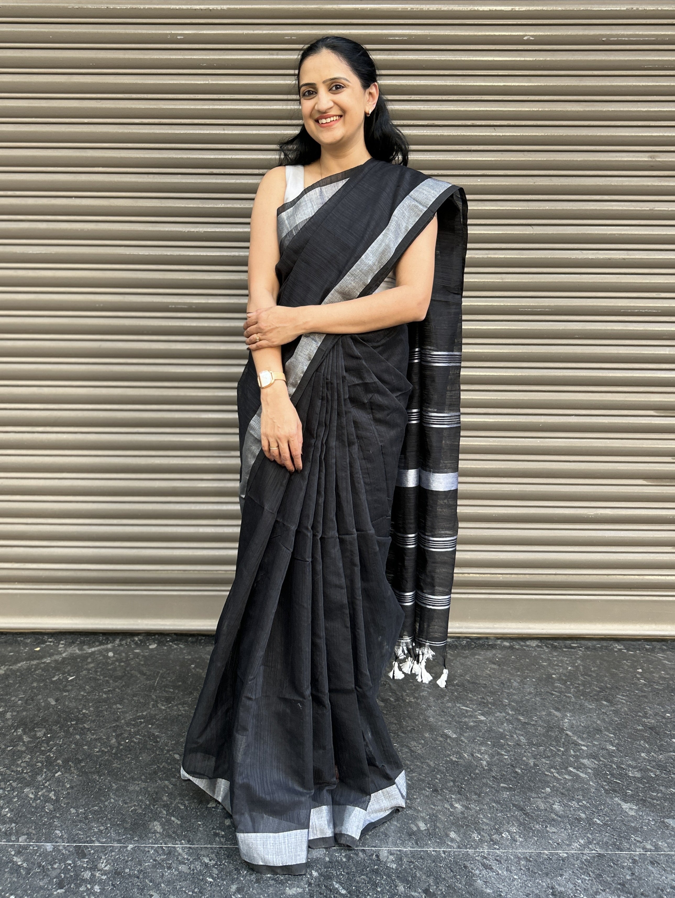 Cotton Silk Saree with Silver Border - Black