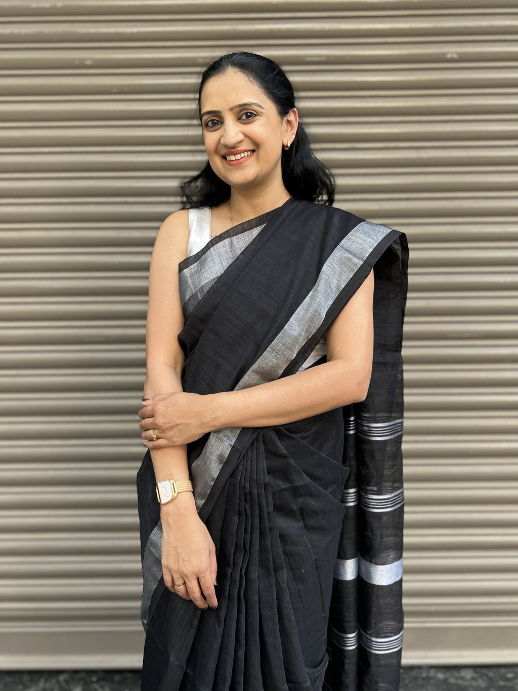 Cotton Silk Saree with Silver Border - Black