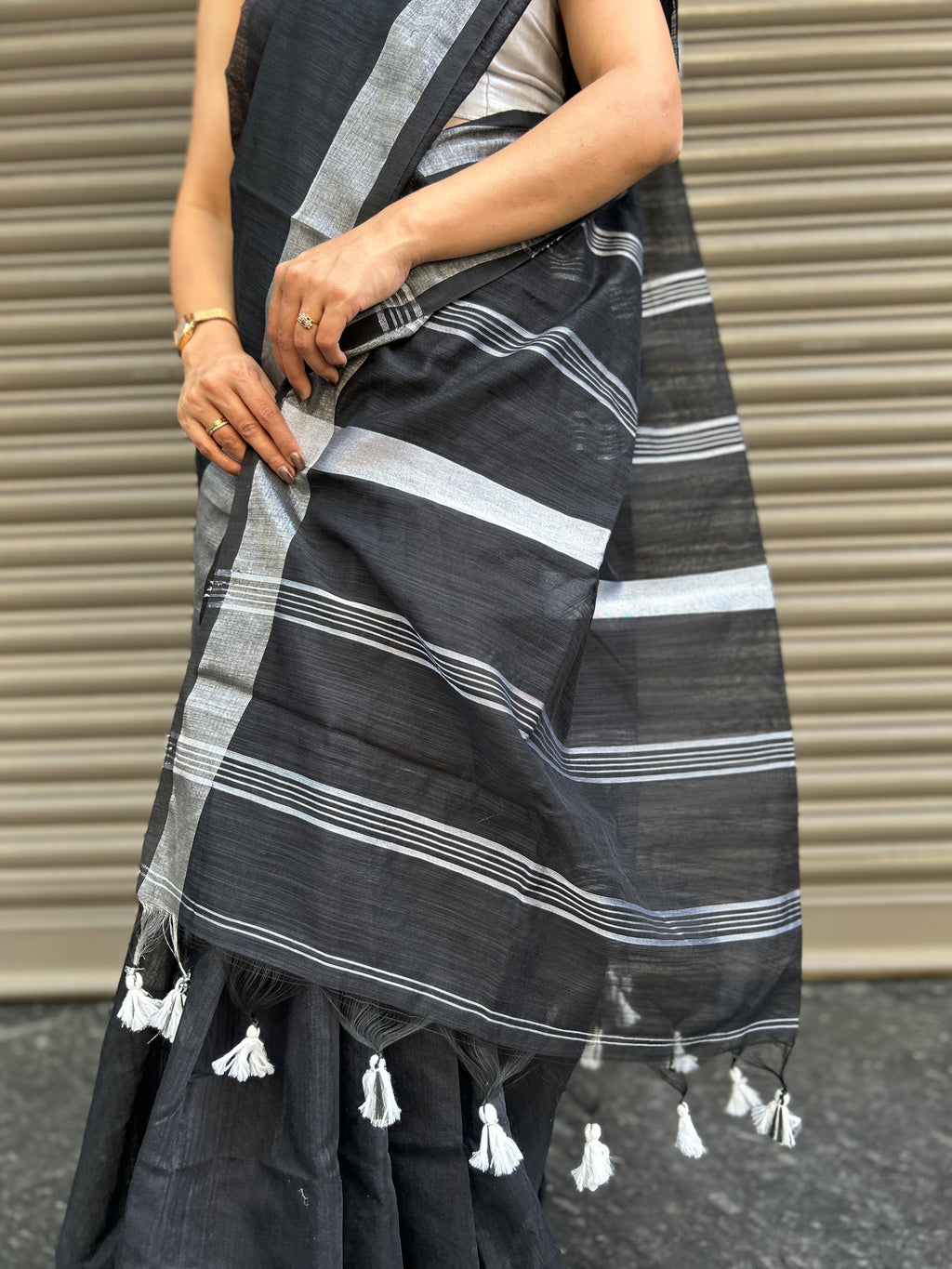Cotton Silk Saree with Silver Border - Black