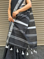 Cotton Silk Saree with Silver Border - Black