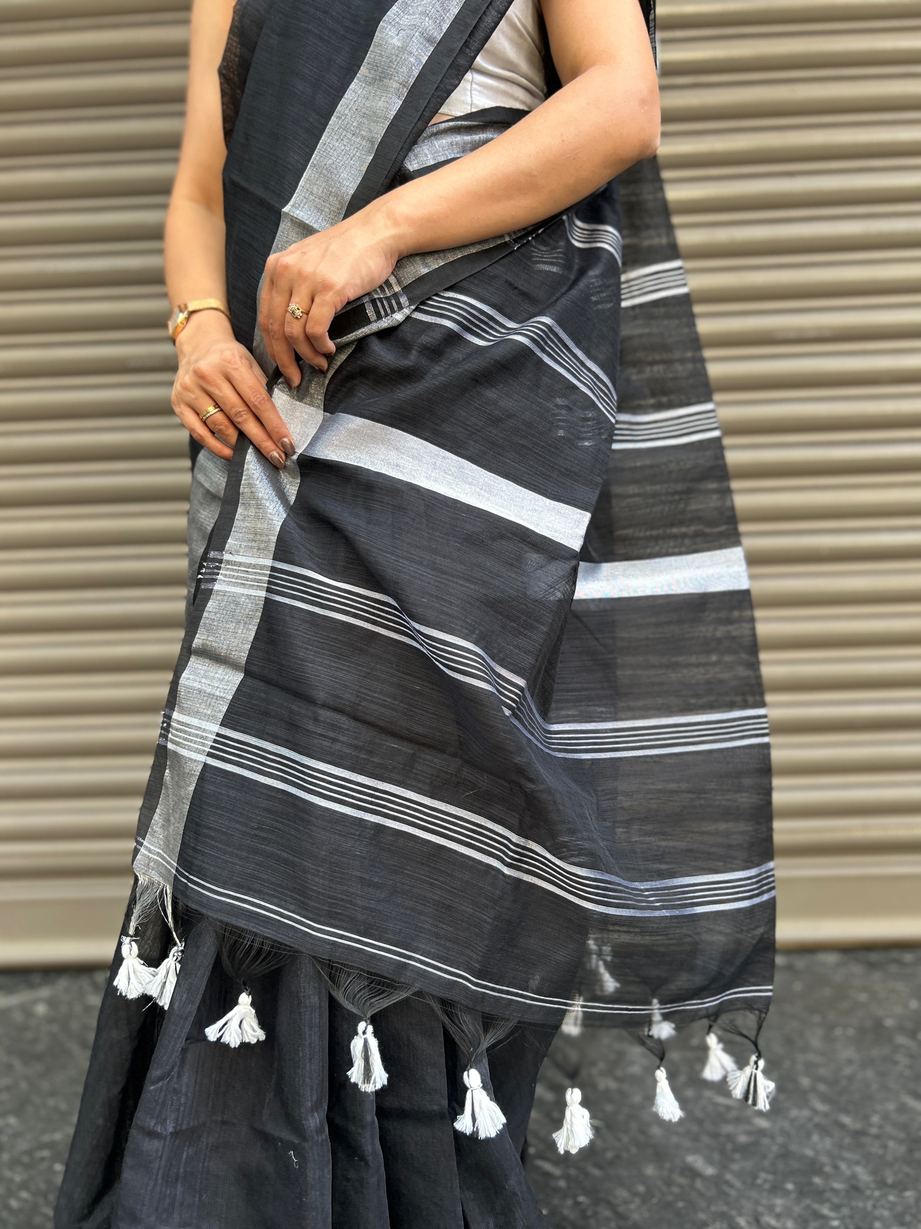 Cotton Silk Saree with Silver Border - Black