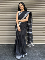 Cotton Silk Saree with Silver Border - Black