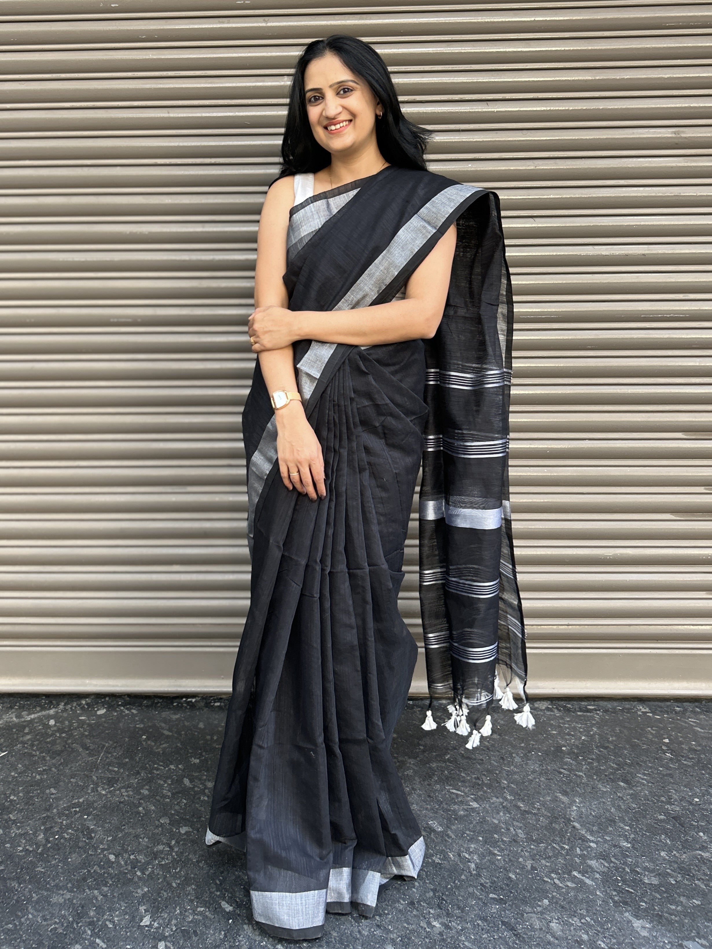 Cotton Silk Saree with Silver Border - Black