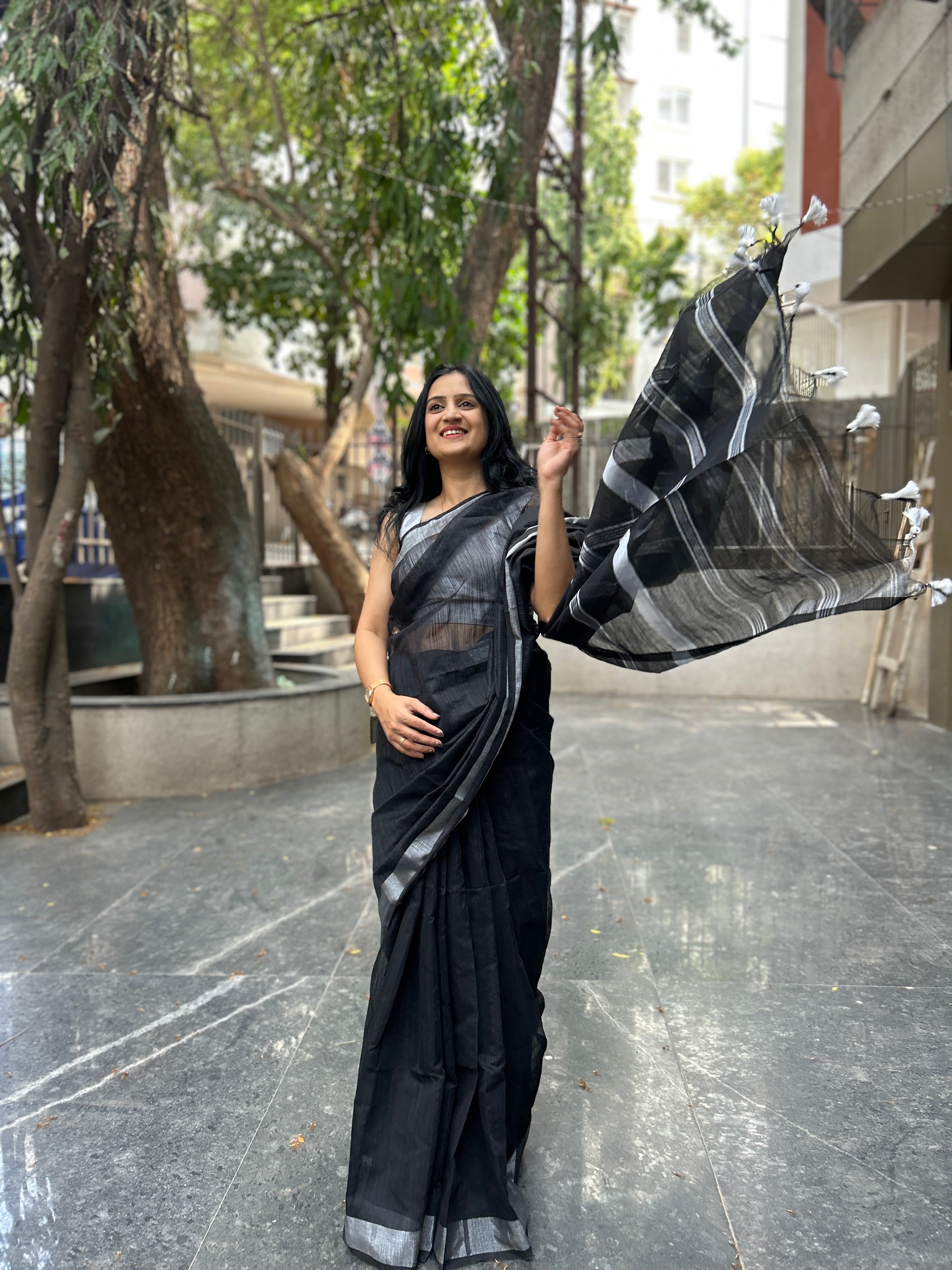 Cotton Silk Saree with Silver Border - Black