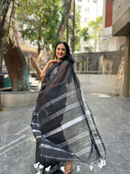Cotton Silk Saree with Silver Border - Black