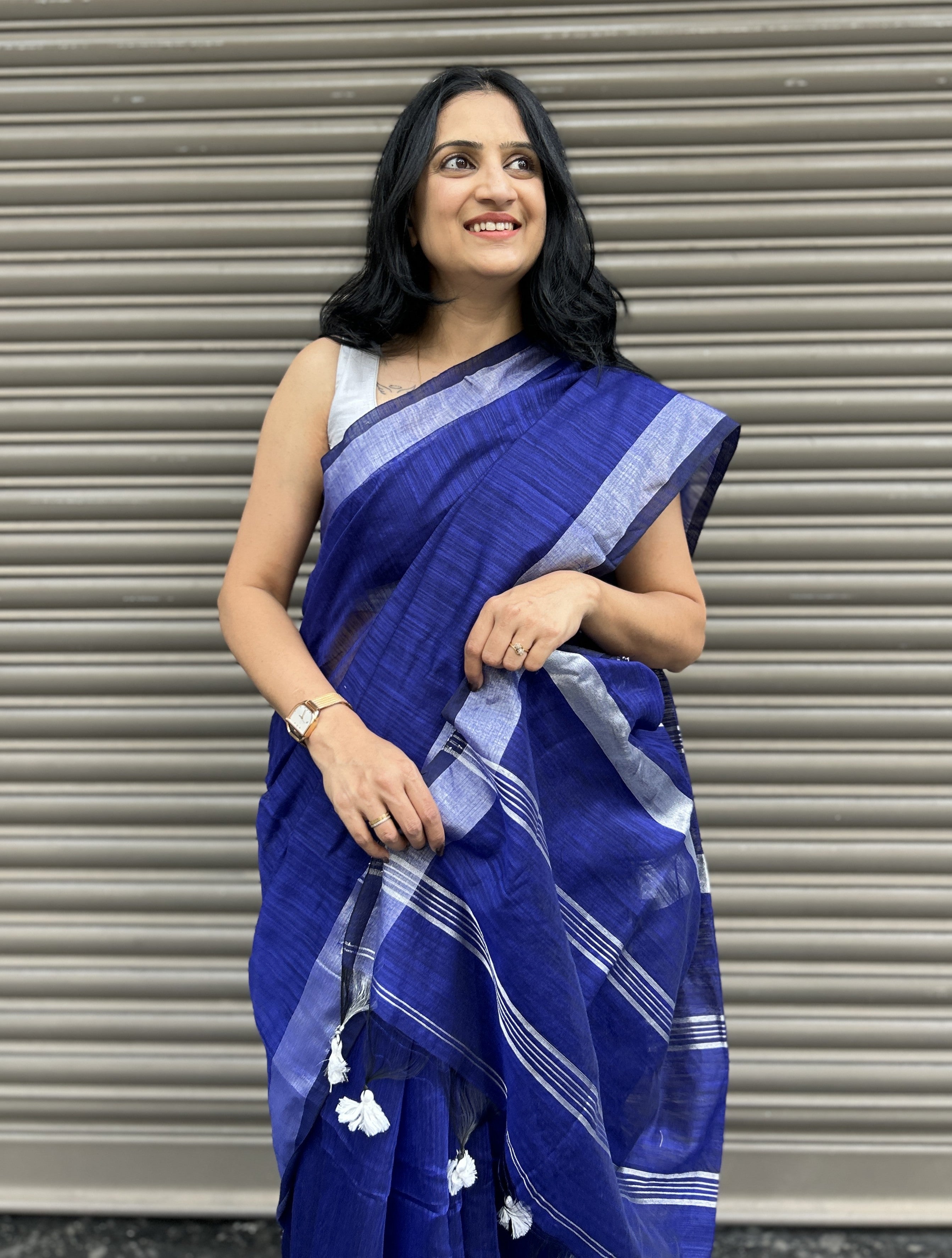 Cotton Silk Saree with Silver Border - Blue