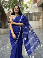 Cotton Silk Saree with Silver Border - Blue