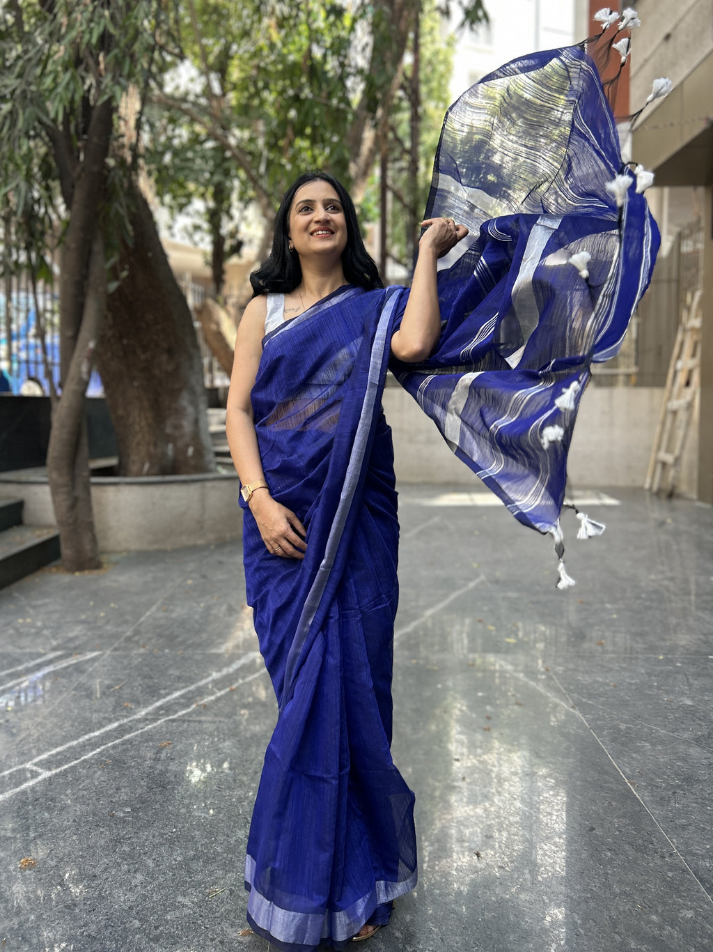 Cotton Silk Saree with Silver Border - Blue