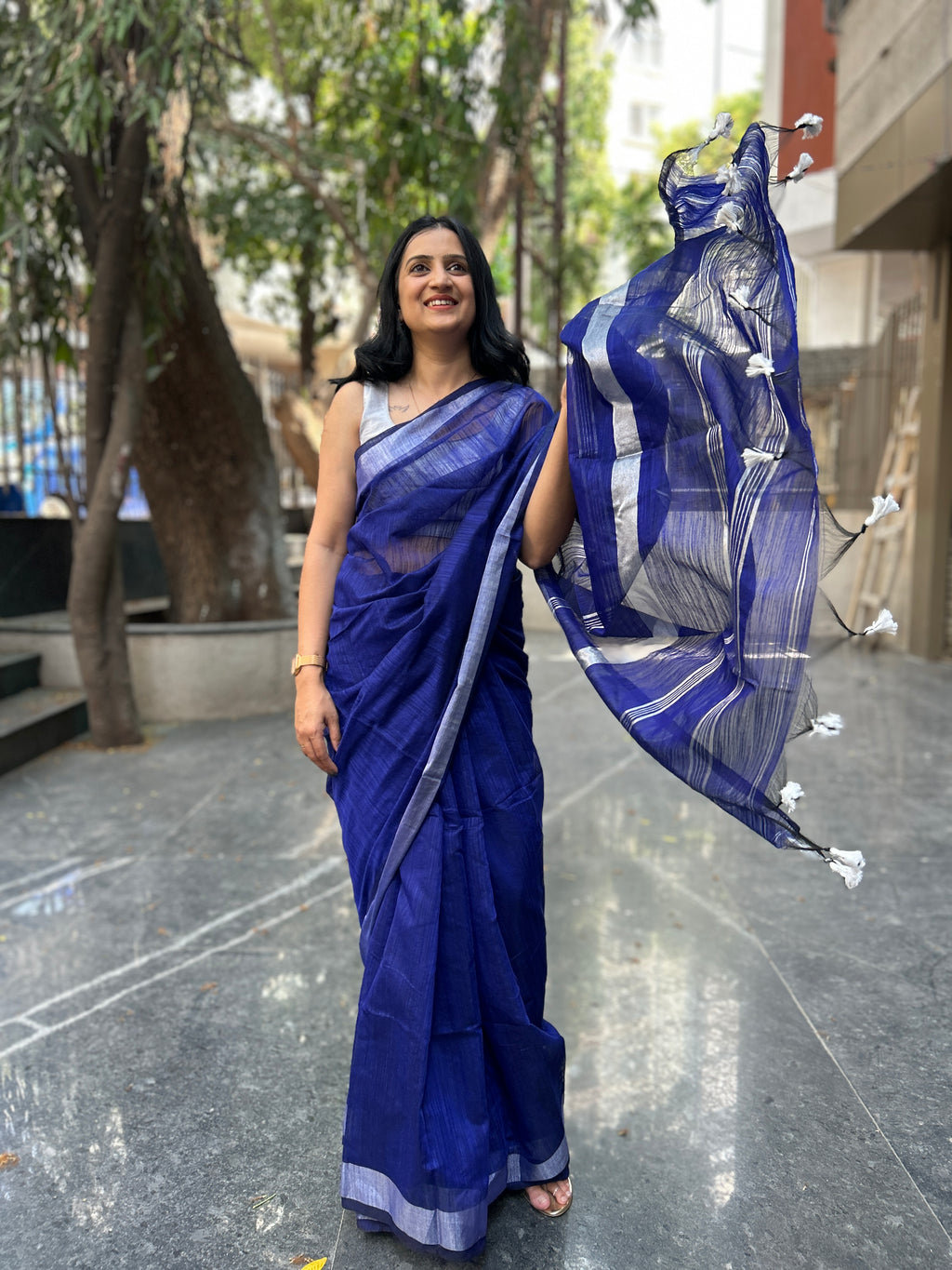 Cotton Silk Saree with Silver Border - Blue