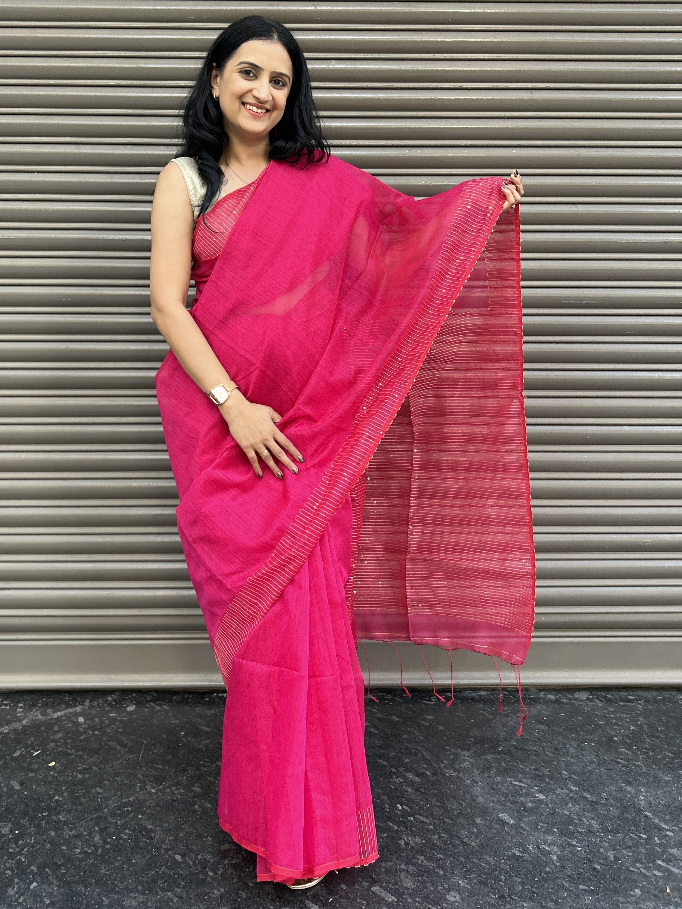Pink Cotton Silk Saree with Sequin Work - Pink