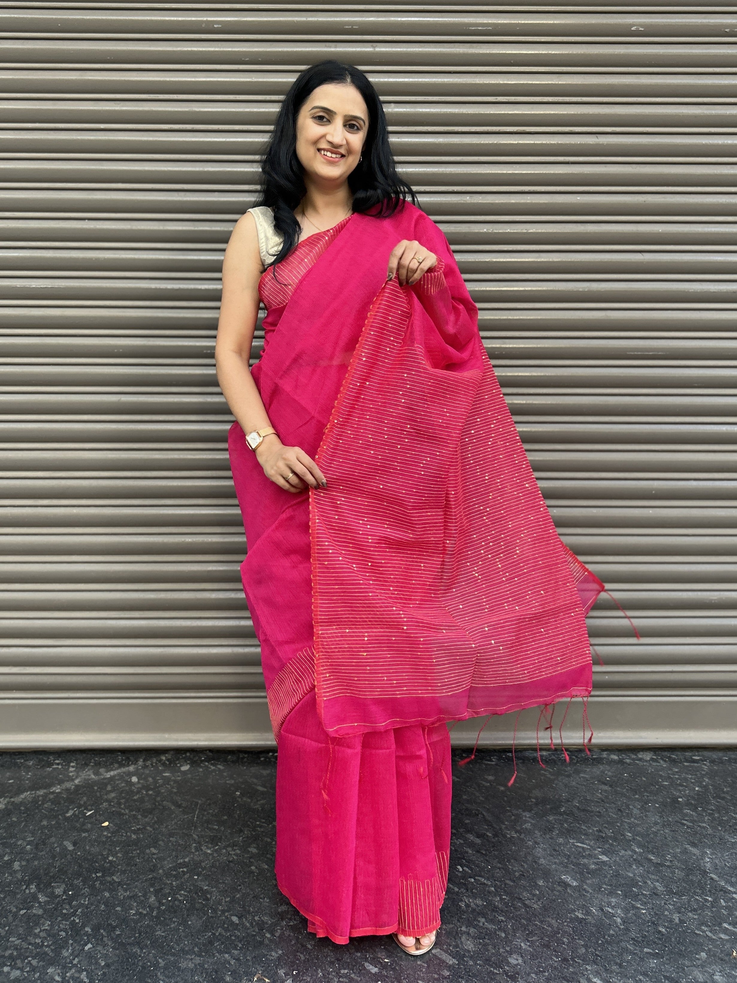 Pink Cotton Silk Saree with Sequin Work - Pink