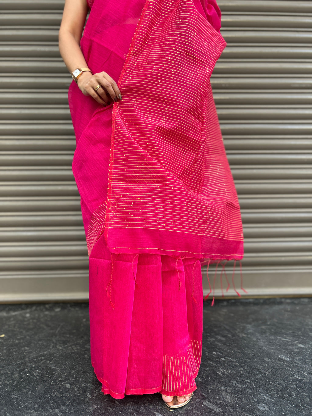 Pink Cotton Silk Saree with Sequin Work - Pink