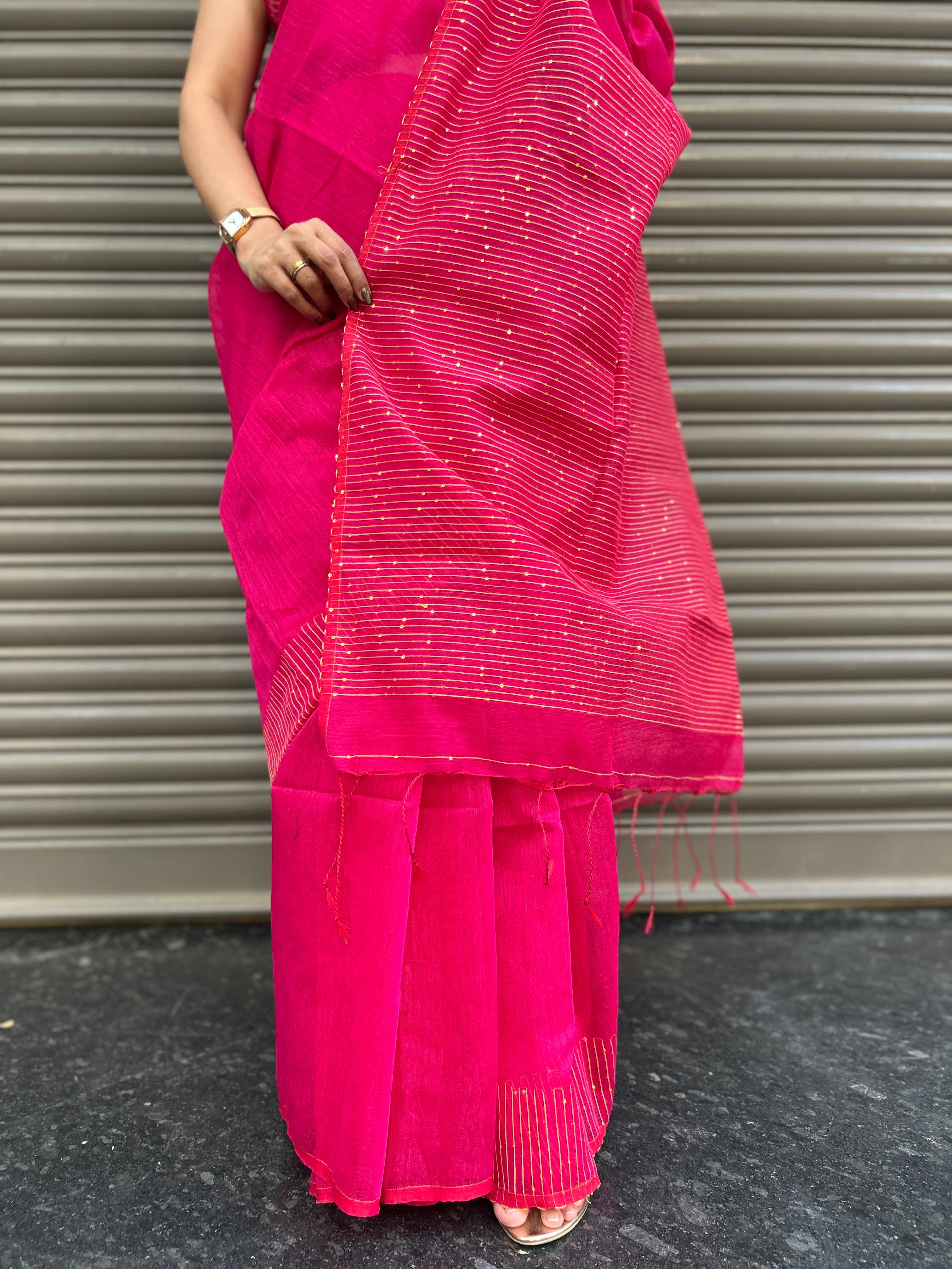 Pink Cotton Silk Saree with Sequin Work - Pink